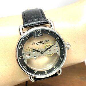 Stuhrling Men's Watch B108656 Mechanical Skeleton Dial Black Leather Strap 42mm